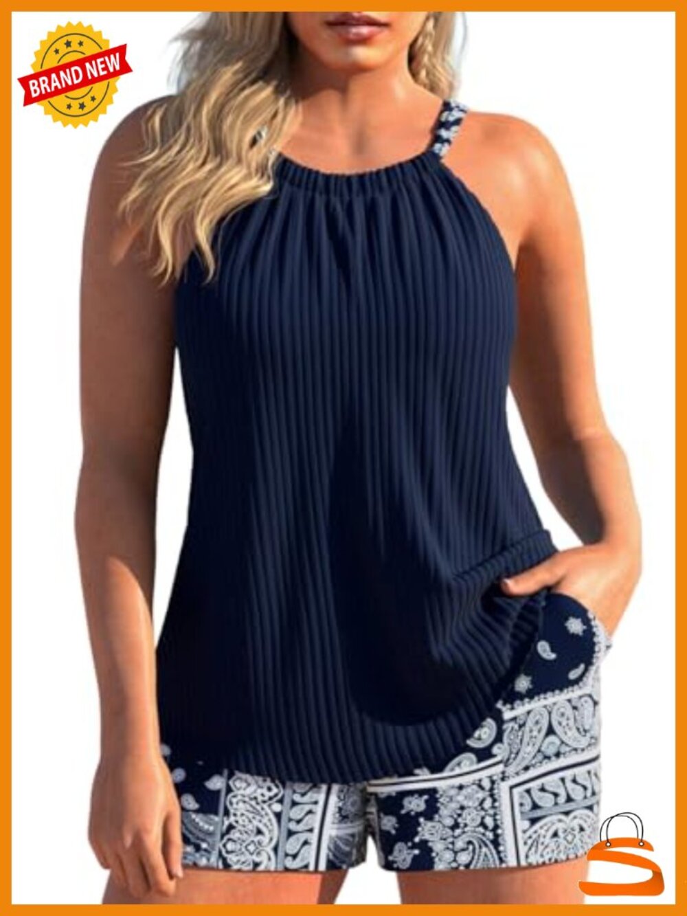 Ruched Round Neck Tankini Swimsuit with Pocket Shorts
